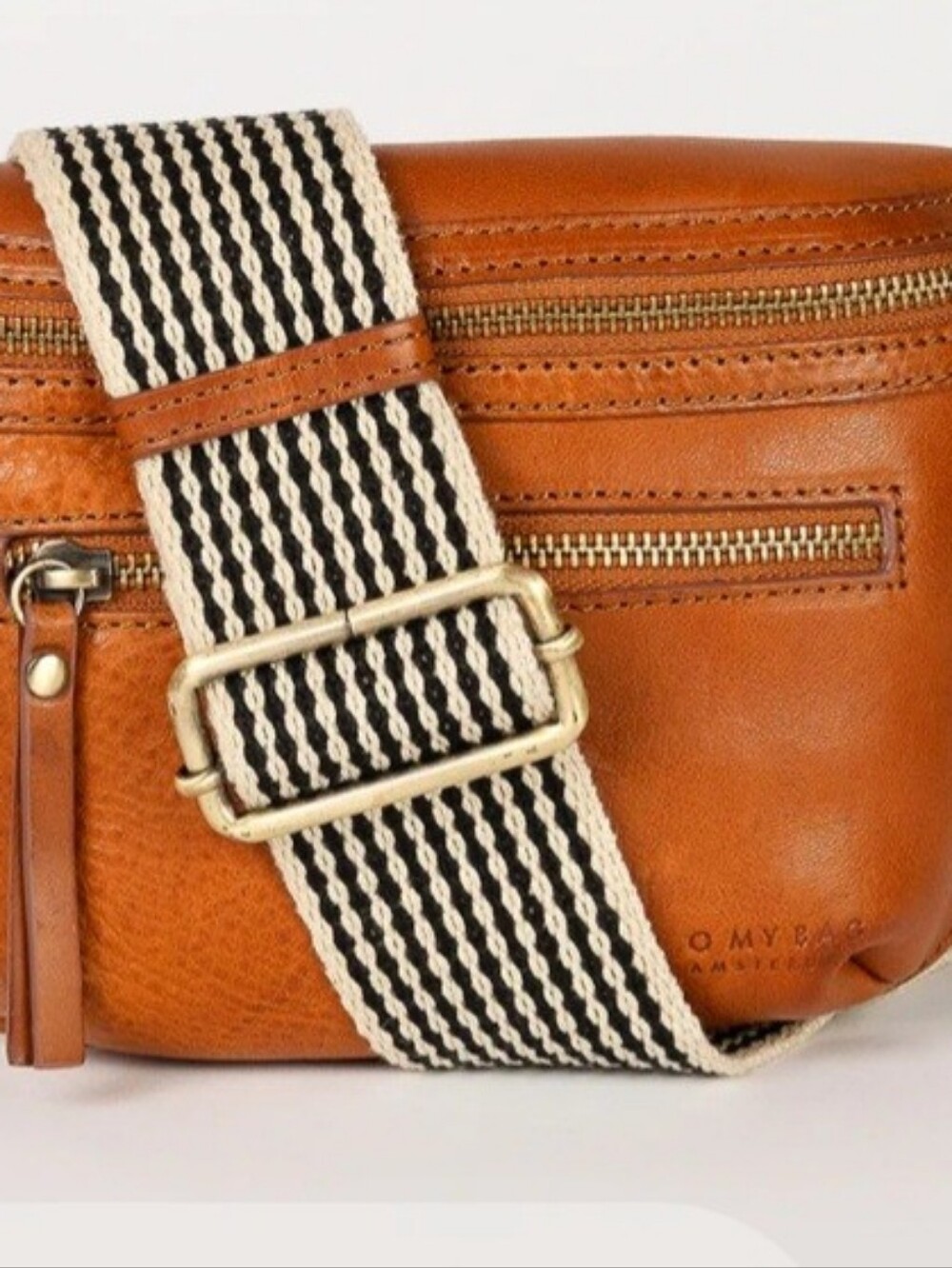 O MY BAG AMSTERDAM. Tan Leather Crossbody with Striped Canvas Strap